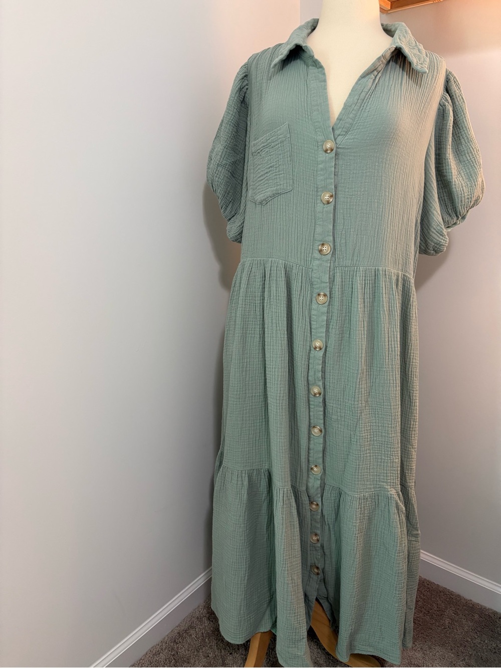 Fashion Nova Sage Green Button-Down Tiered Maxi Dress